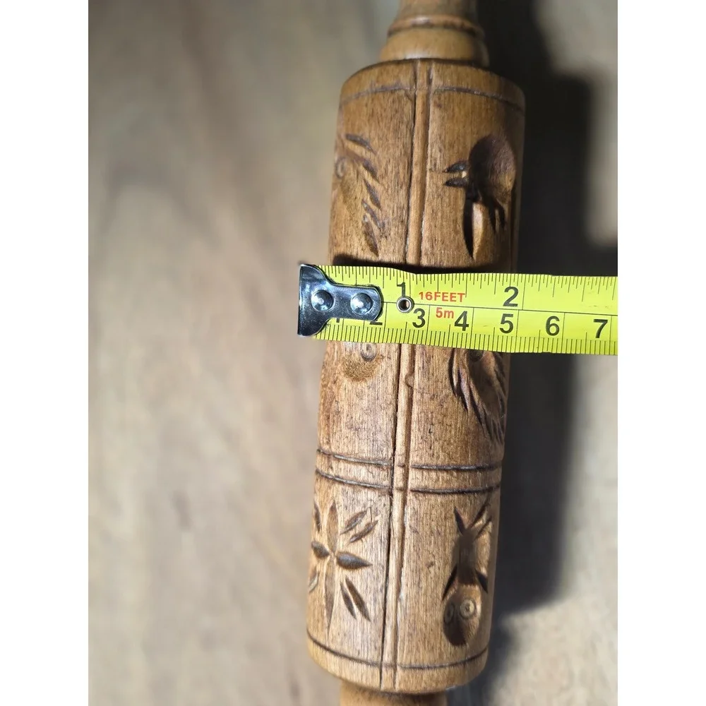 Vintage Hand Carved Wooden Springerle Rolling Pin Owl Star Folk Art Cookie Stamp